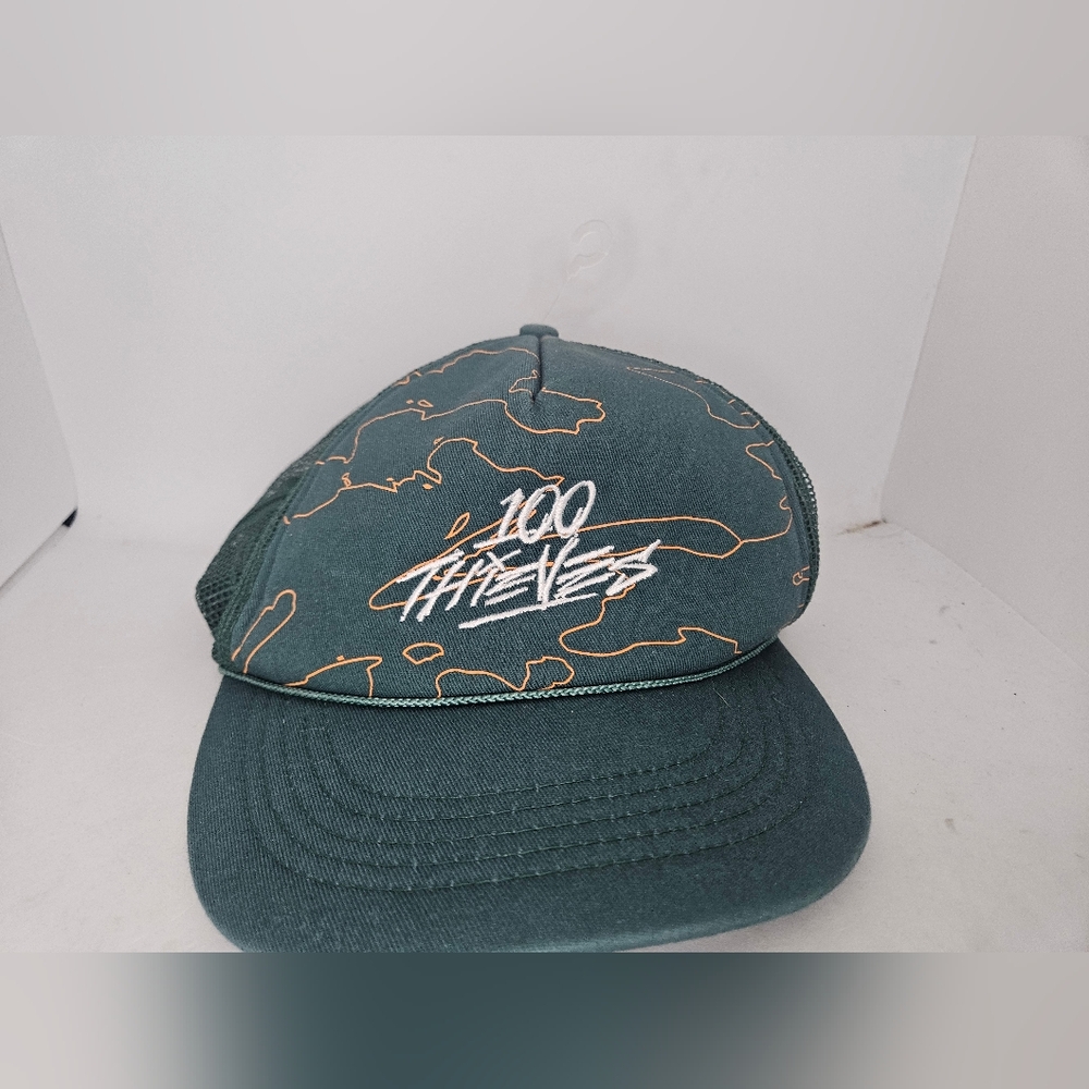 100 Thieves Foundations Geoprint Trucker Hat Green Orange SnapBack Adjustable